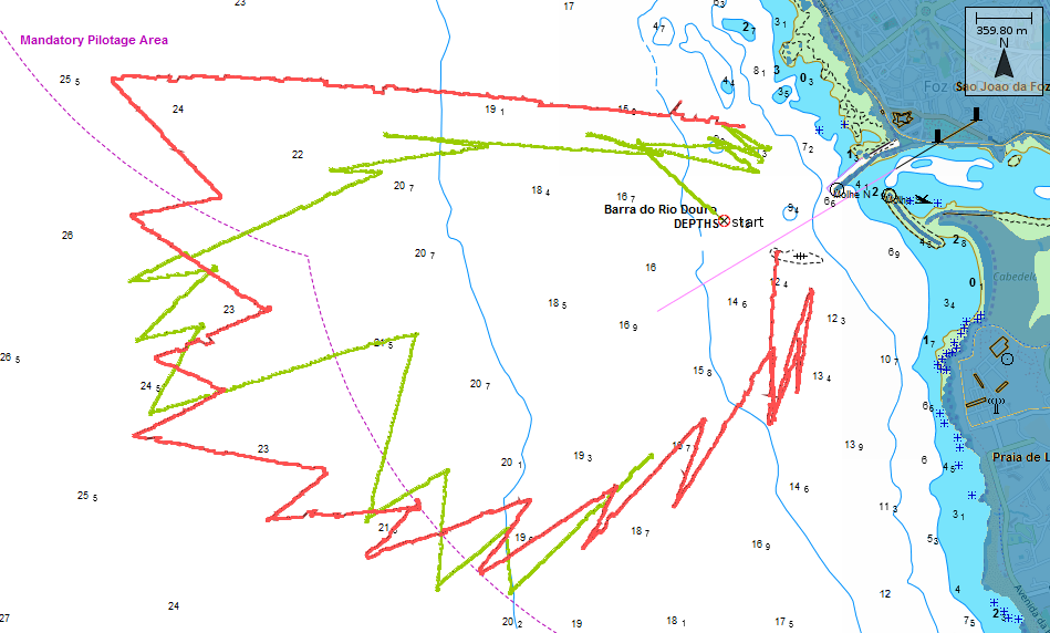 Percurso de 2 AUVs durante o mapeamento da pluma ao longo de 6 horas de operação. O percurso vermelho que começou a sul enquanto o verde teve início a noroeste do rio.