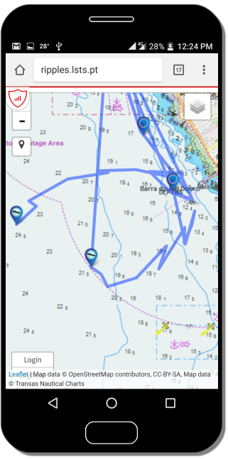 Ripples em utilização num smartphone para supervisão da execução autónoma de 2 AUVs.