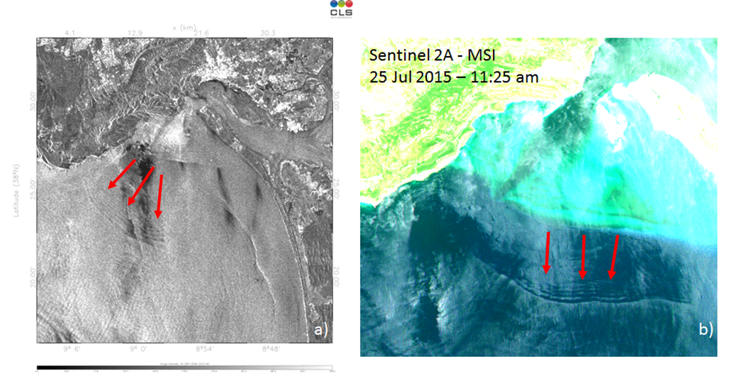 Imagem de satélite onde são detectadas ondas internas do satélite Terra SAR-X (a) e Sentinel 2A (b)