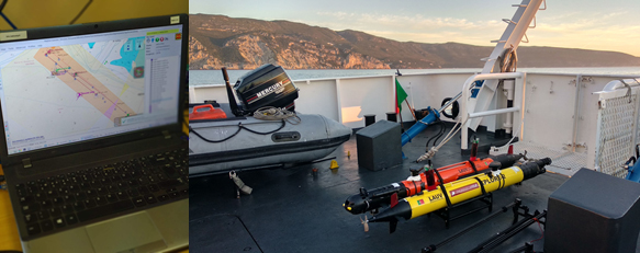Neptus console with SaVeL operational area (on the left) and AUVs onboard NRP Auriga (on the right), during REP18 exercise.